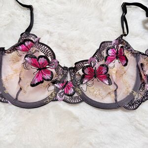 sheer mesh underwire bra with butterfly embroidery